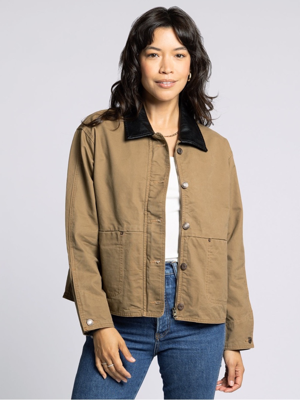 Thread & Supply Zola Leather Collar Denim Barn Jacket Sz XS
